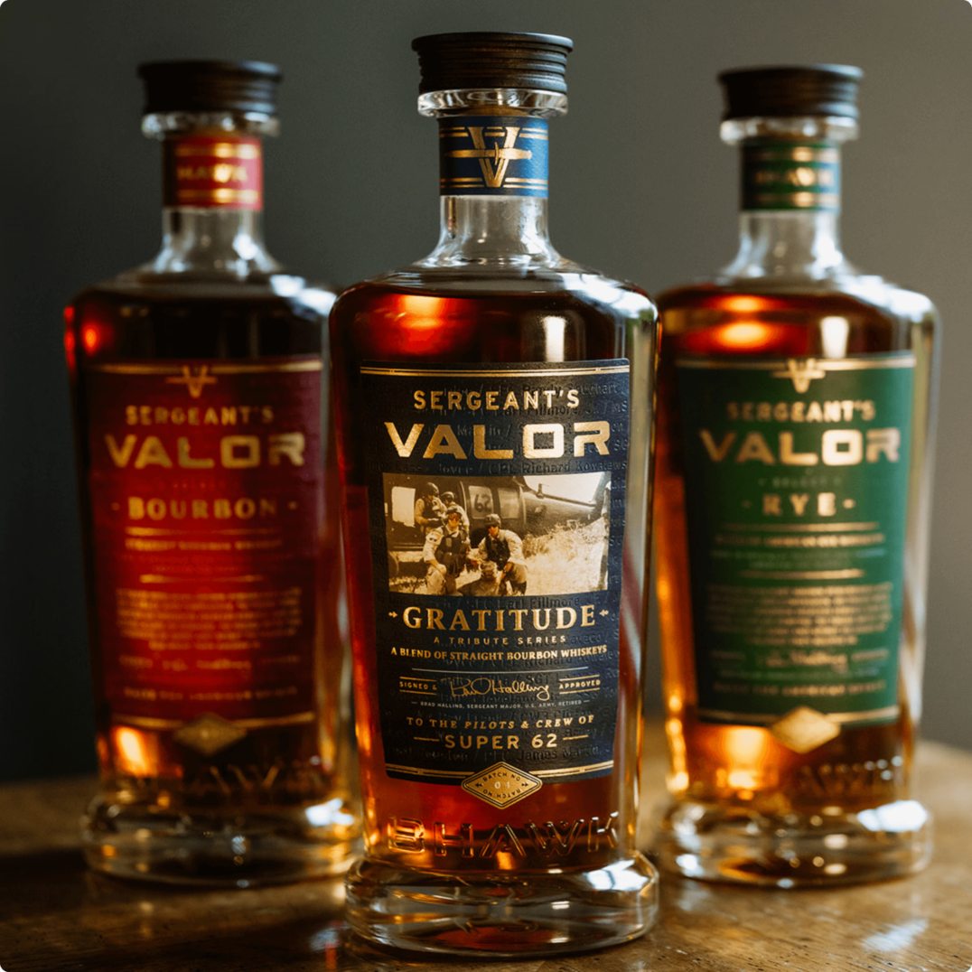 Sergeant's Valor Whiskey bottles- Gratitude Tribute Series, Bourbon and Rye